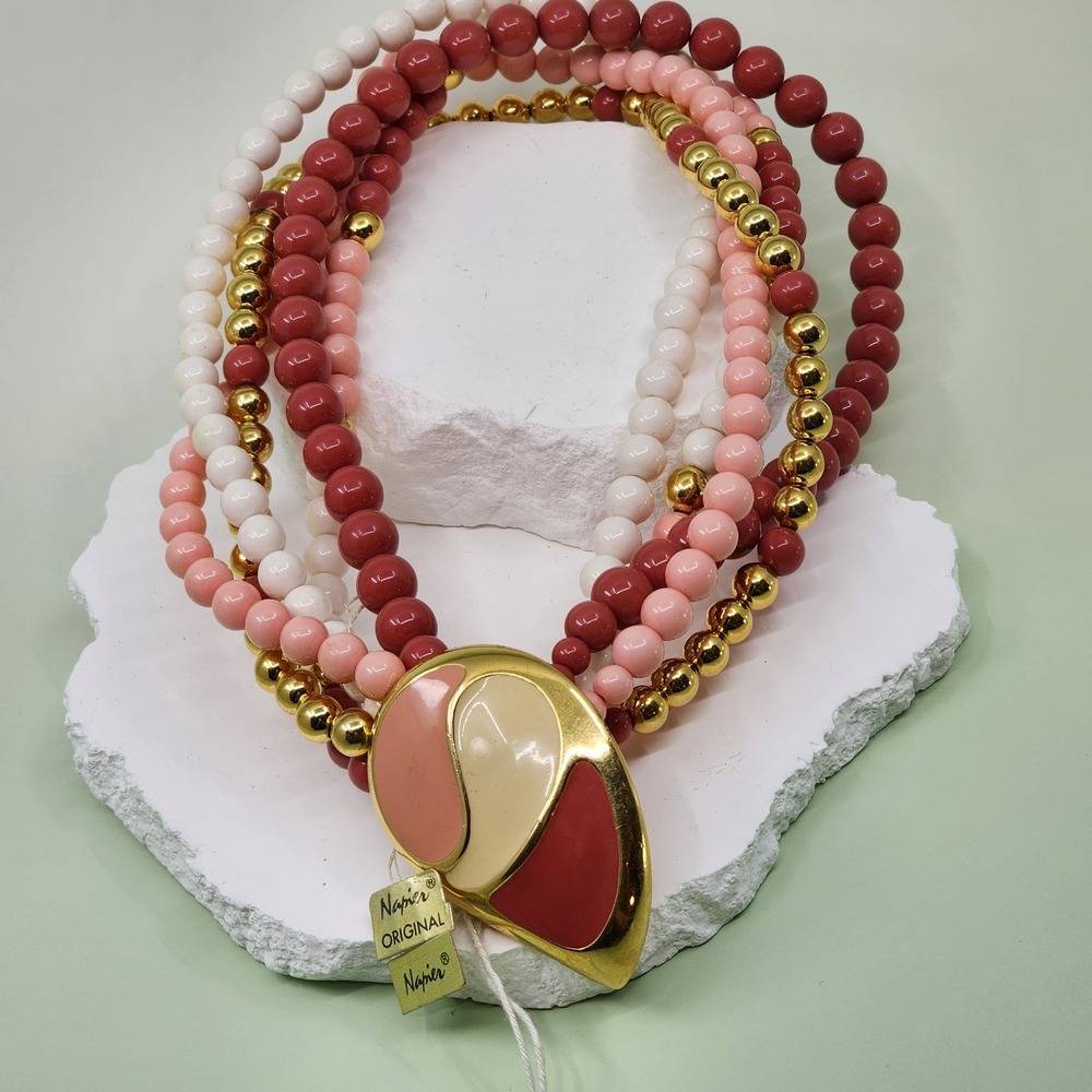 Napier Vintage Multi Strand Beaded Enamel Pendant Necklace Pink Gold Tone 18in